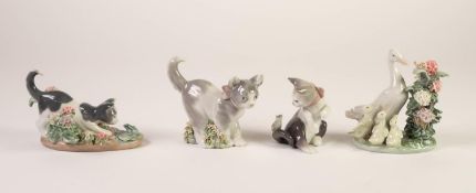 FOUR LLADRO PORCELAIN MODELS, three of cats, one of a goose and chicks (4)