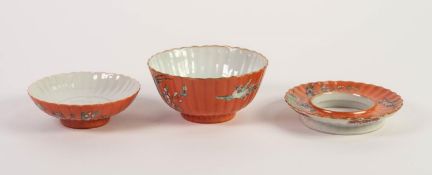 CHINESE QING DYNASTY PORCELAIN CHRYSANTHEMUM MOULDED BOWL, on stand with cover, each famille rose