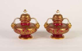 PAIR OF NINETEENTH CENTURY DERBY CROWN PORCELAIN COMPANY TWO HANDLED VASES AND COVERS, each of