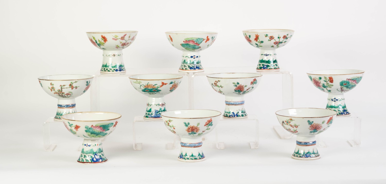 SUITE OF TEN CHINESE PORCELAIN, PROBABLY LATE QING, DYNASTY FENCAI ENAMELLED STEM BOWLS, each