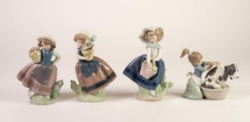 FOUR LLADRO PORCELAIN MODELS, three of young girls carrying flower filled baskets and one of a