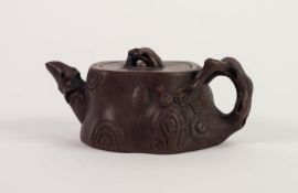 CHINESE QING DYNASTY YI HSING (KIANGSU PROVINCE) RED STONEWARE SIMULATED ROOT FORM TEAPOT, with