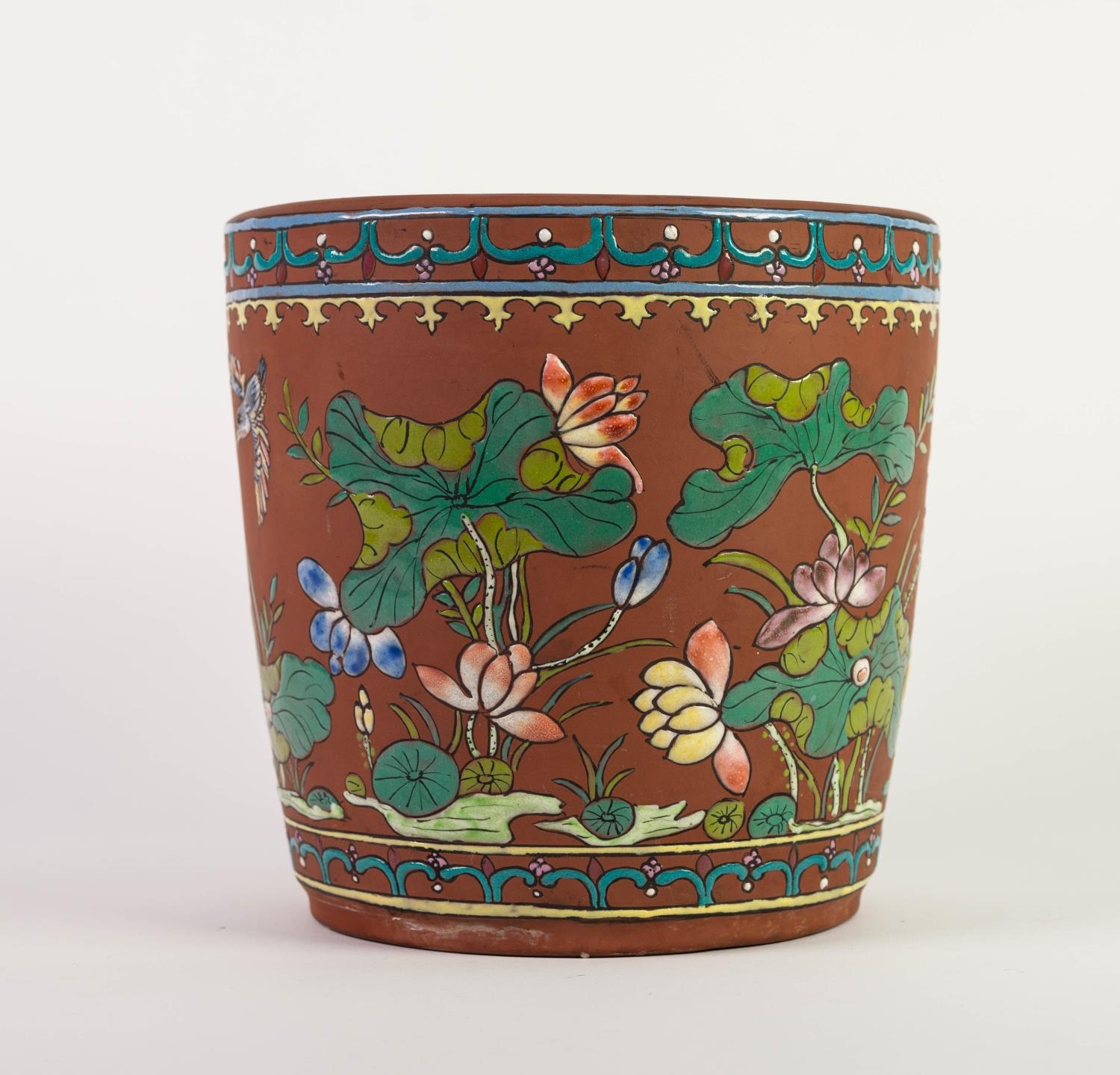 CHINESE REPUBLIC PERIOD YI HSING (KIANGSU PROVINCE) RED STONEWARE JARDINIERE, polychrome enamelled - Image 2 of 2