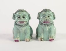 PAIR OF SMALL CHINESE QING DYNASTY PORCELAIN BUDDHISTIC LIONS, well detailed modelling, enamelled on
