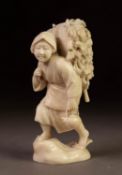 JAPANESE MEIJI PERIOD ONE PIECE CARVED IVORY OKIMONO OF A PEASANT WOMAN, modelled carrying a