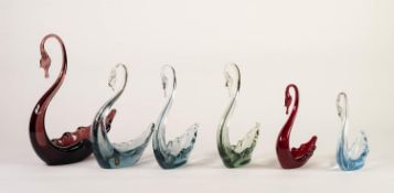 SIX WHITEFRIARS COLOURED GLASS MODELS OF SWANS, comprising: TWO RED, TWO BLUE, ONE GREY and ONE PALE