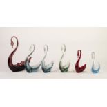 SIX WHITEFRIARS COLOURED GLASS MODELS OF SWANS, comprising: TWO RED, TWO BLUE, ONE GREY and ONE PALE