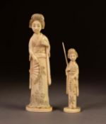 TWO JAPANESE MEIJI PERIOD CARVED IVORY OKIMONOS OF GEISHAS, each modelled with open fan, 6 ½? (16.