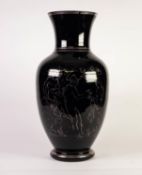 BLACK GLASS LARGE VASE, of footed ovoid form with waisted neck, enamelled in silver with classical