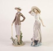 TWO LLADRO PORCELAIN FIGURES OF WOMEN, ONE MODELLED WALKING WITH TWO SMALL DOGS, (6760), THE