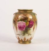 ROYAL WORCESTER EARLY TWENTIETH CENTURY HAND PAINTED PORCELAIN OVULAR VASE with four gilt