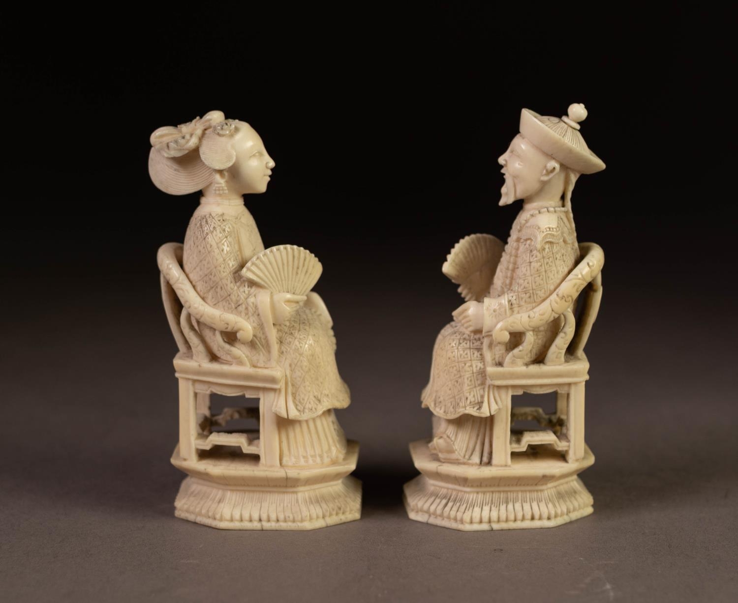 PAIR OF JAPANESE MEIJI PERIOD CARVED IVORY SEATED FIGURES, modelled as a male and female mandarin, - Image 3 of 4