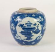 CHINESE QING DYNASTY BLUE AND WHITE PORCELAIN GINGER JAR, of typical form, decorated with three