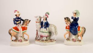 PAIR OF VICTORIAN STAFFORDSHIRE POTTERY EQUESTRIAN FIGURES, colourfully enamelled, 8 1/2in (21.