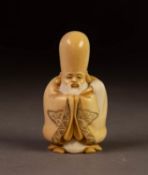 JAPANESE MEIJI PERIOD ONE PIECE CARVED IVORY OKIMONO OF LAO TZU, heightened in white, 3 ¼? (8.2cm)