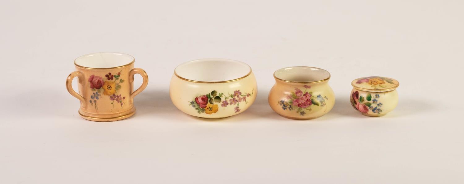 TWO MINIATURE PIECES OF ROYAL WORCESTER FLORAL PAINTED BLUSH PORCELAIN, comprising: TYG, (1907), and