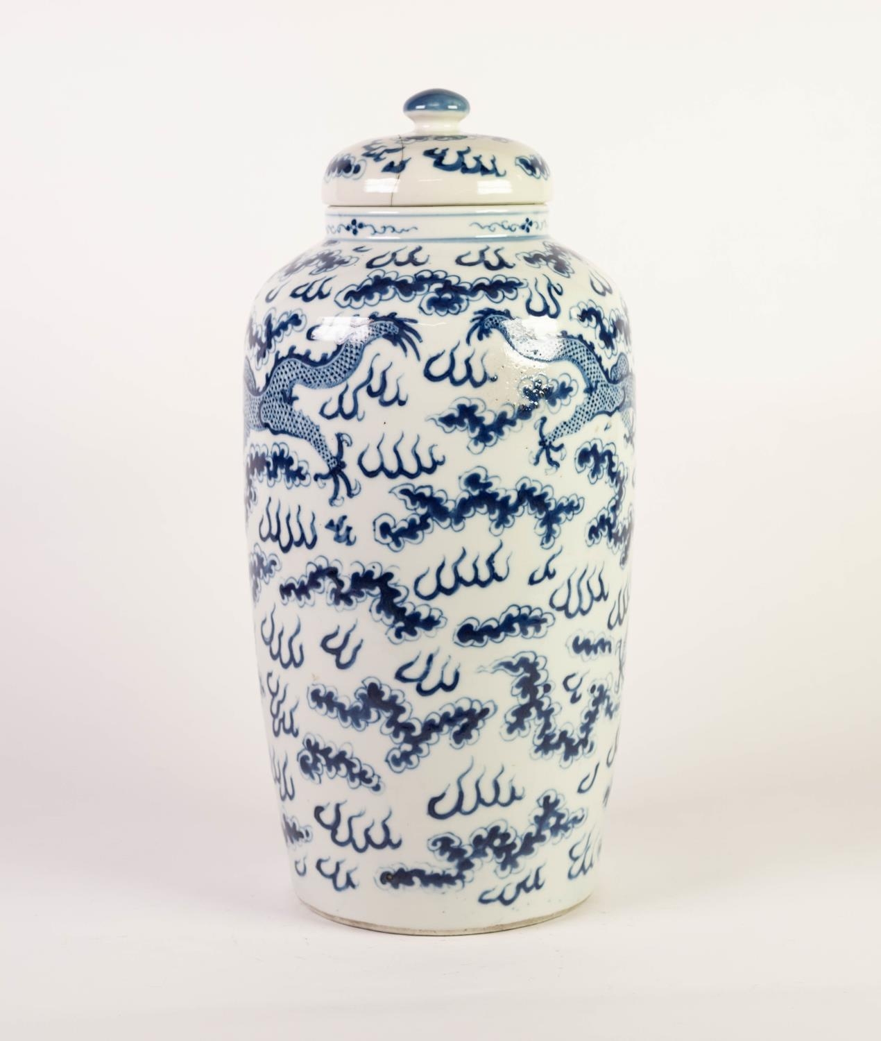NINETEENTH CENTURY CHINESE BLUE AND WHITE PORCELAIN VASE AND COVER, of cylindrical form with domed - Image 2 of 3