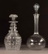 TWO CUT GLASS DECANTERS AND STOPPERS, one late Georgian, with triple ringed neck and mushroom shaped