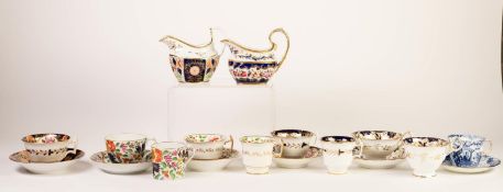 FIVE NINETEENTH CENTURY FLORAL PAINTED PORCELAIN SPECIMEN TEA CUPS AND SAUCERS, FOUR WITH MATCHING