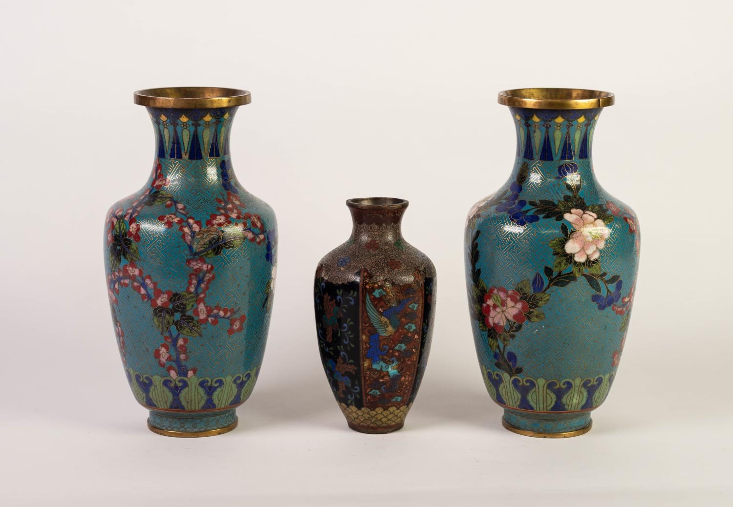 PAIR OF TWENTIETH CENTURY CHINESE CLOISONNÉ VASES, each of ovoid form with waisted neck and brass - Image 2 of 2