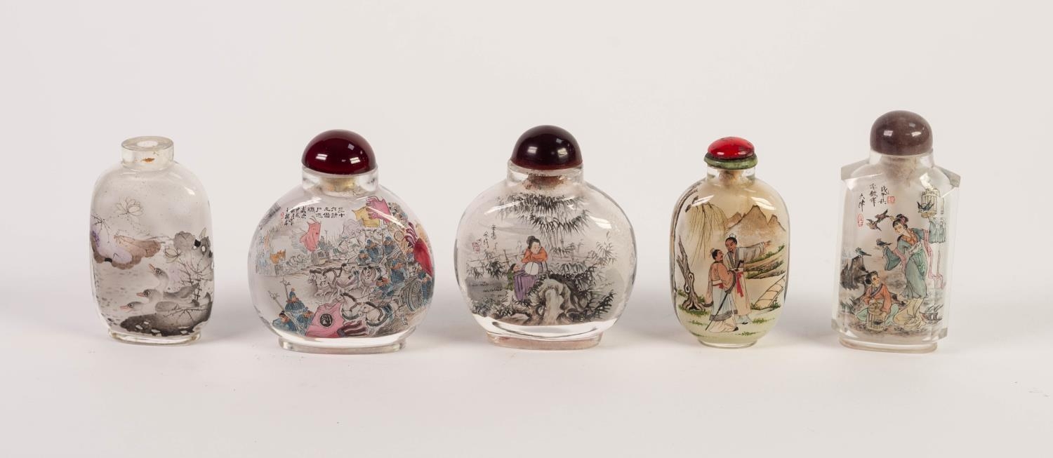 FIVE CHINESE INSIDE PAINTED GLASS SMALL SNUFF BOTTLES, one painted with warriors, another with ducks - Image 2 of 2