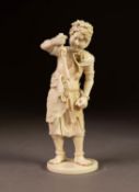 JAPANESE MEIJI PERIOD CARVED IVORY OKIMONO, modelled as a mythical warrior or Oni, holding a