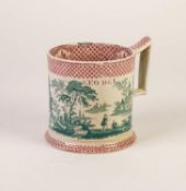 19th CENTURY STAFFORDSHIRE POTTERY MUG, transfer printed in red and green with duplicated encircling