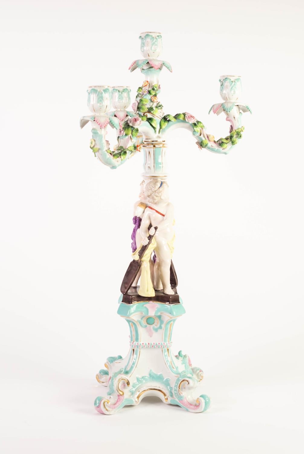 EARLY TWENTIETH CENTURY SITZENDORF, GERMAN FLORAL ENCRUSTED PORCELAIN FIGURAL FOUR LIGHT CANDELABRA, - Image 2 of 4