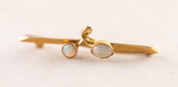 9ct GOLD BAR BROOCH, the sprig pattern top set with two collet set oval opals, 1.5 gms