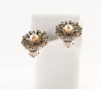 PAIR OF WHITE METAL, MARCASITE AND SIMULATED PEARL-SET EARRINGS