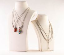 SILVER FINE CHAIN NECKLACE with silver pendant, circular and set with nine various coloured