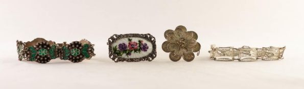 STERLING SILVER FLORAL GUILLOCHE ENAMEL AND MARCASITE FRAMED COSTUME BROOCH, a white metal double