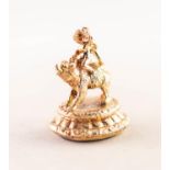 HEAVY 9ct GOLD FOB in the form of a boy with grapes riding on a bear, set well with oval agate,