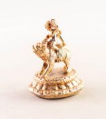 HEAVY 9ct GOLD FOB in the form of a boy with grapes riding on a bear, set well with oval agate,