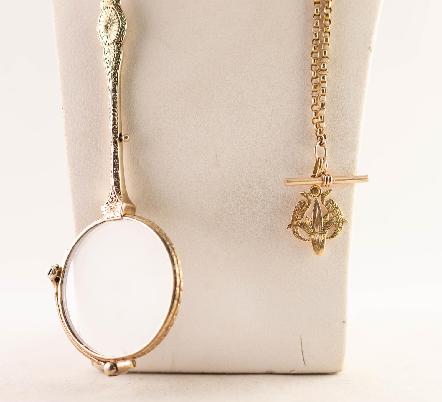 9ct GOLD LORGNETTE with ornately chased handle and ring hanger, 15.9gms gross, on a LONG 9ct GOLD - Image 2 of 2