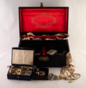 SIX METAL AND PASTE SET COSTUME RINGS; six gold plated chain NECKLACES; COSTUME brooches,