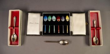 CASED SET OF SIX POST-WAR SILVER AND GUILLOCHE ENAMEL HARLEQUIN COLOUR COFFEE SPOONS supplied by