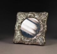 MODERN EMBOSSED SILVER FRONTED PHOTOGRAPH FRAME, with circular aperture, square outline, and blue