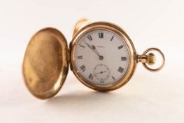 WALTHAM TRAVELER 9ct GOLD HUNTER POCKET WATCH with keyless movement No 19442135, white roman dial