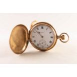 WALTHAM TRAVELER 9ct GOLD HUNTER POCKET WATCH with keyless movement No 19442135, white roman dial