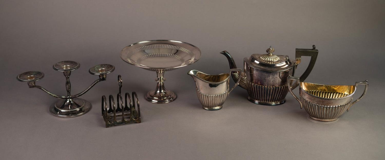 SMALL MIXED LOT OF ELECTROPLATE, comprising: PEDESTAL CAKE STAND, with pierced border, FOUR DIVISION
