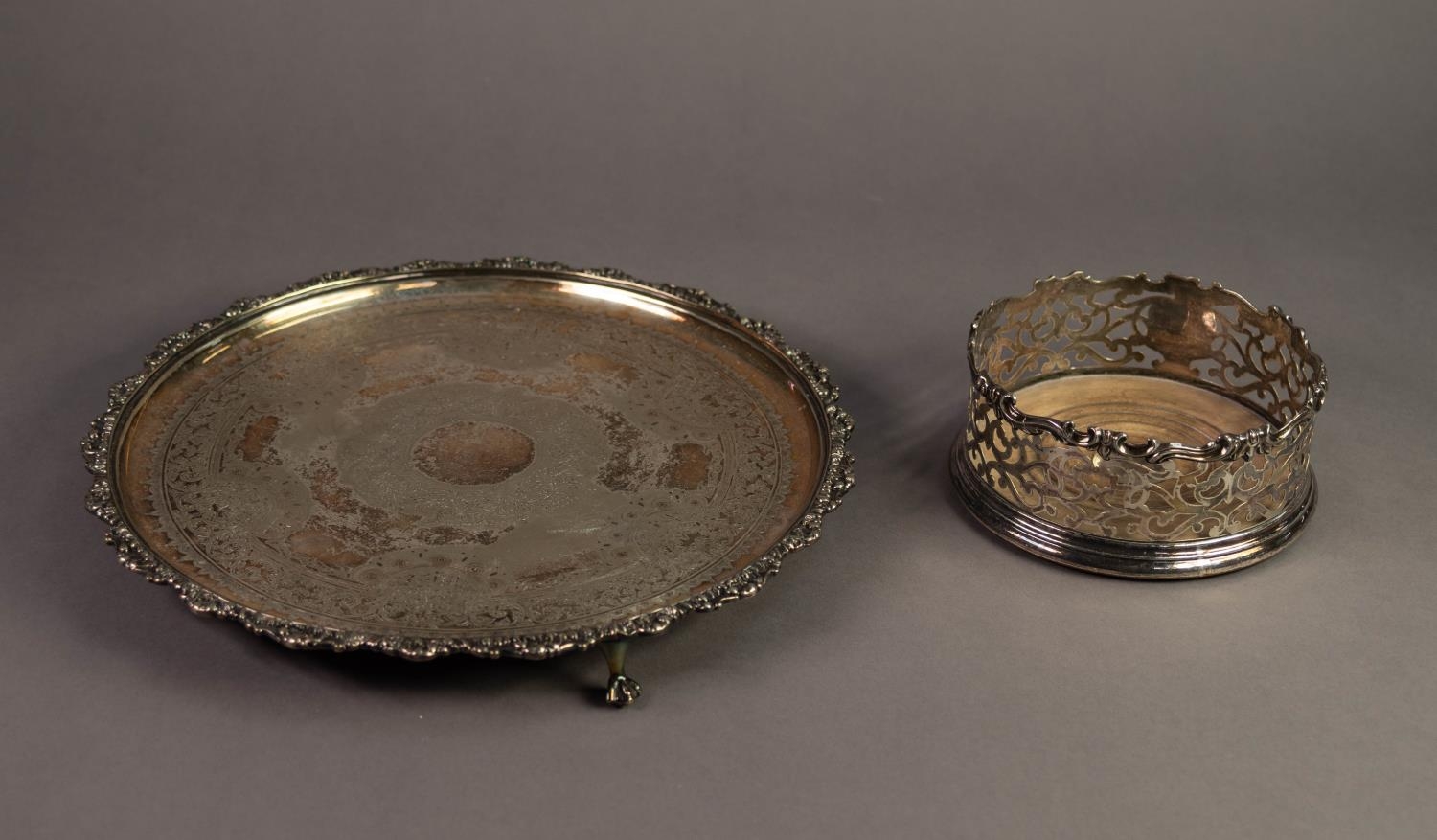 EARLY TWENTIETH CENTURY ELECTROPLATED SALVER, of typical form with engraved centre, scroll cast wavy