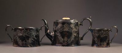 GEORGIAN STYLE THREE PIECE ELECTROPLATED TEA SET, of tapering form with scroll handles and