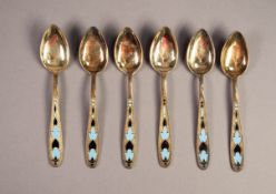 CASED SET OF SIX RUSSIAN SILVER COLOURED GILT METAL AND ENAMELLED COFFEE SPOONS, (875 standard),