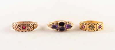 EDWARDIAN 15ct GOLD TINY DIAMOND AND RUBY SET RING; an Edwardian 9ct GOLD RING set with three