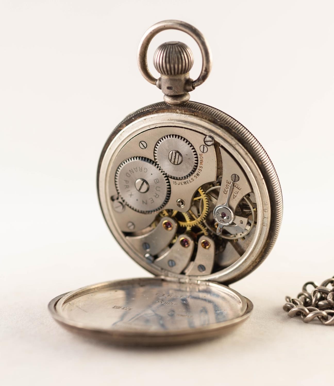 BUREN GRAND PRIX SILVER CASED OPEN FACE POCKET WATCH with 15 jewels keyless movement, the case - Image 2 of 3