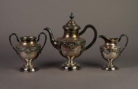 CONTINENTAL ELECTROPLATE PEDESTAL TEA SET OF THREE PIECES, with applied fruiting vine border and