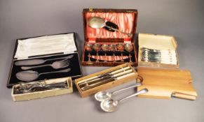 CASED THREE PIECE ELECTROPLATED SERVING SET, together with a CASED SET OF SIX DESSERT SPOONS AND
