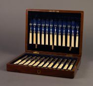 HUKIN AND HEATH EARLY TWENTIETH CENTURY CASED SET OF 12 PAIRS OF DESSERTS KNIVES AND FORKS, with