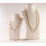 9ct GOLD CORAL BEAD SET NECKLACE with a pair of matching coral set EARRINGS; TWO 9ct GOLD CHAIN